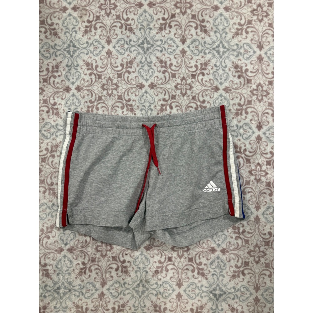 Adidas Gray Heather 3-Stripe Athletic Shorts Red Blue Stripes Women Medium